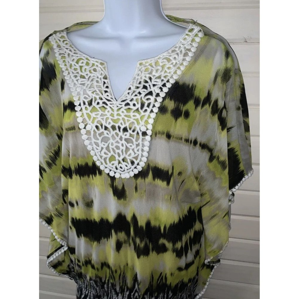 Alfani Sz MEDIUM Yellow Black Taupe Caftan Sheer Blouse w/ Cami Liner EUC